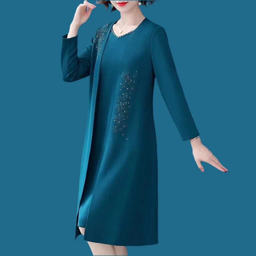 Women’s Comfortable Spring Autumn Dress Set – V-Neck Knee-Length Polyester Outfit