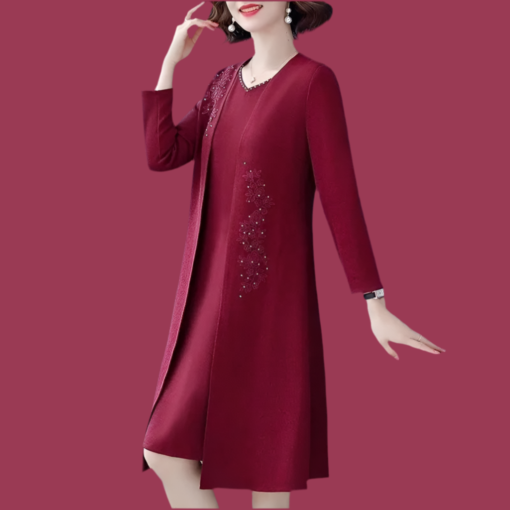 Women’s Comfortable Spring Autumn Dress Set – V-Neck Knee-Length Polyester Outfit