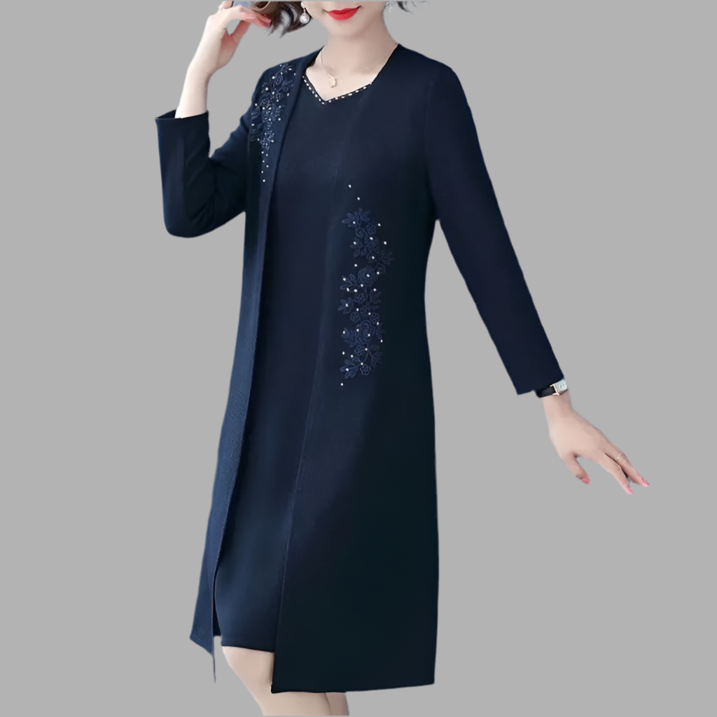 Women’s Comfortable Spring Autumn Dress Set – V-Neck Knee-Length Polyester Outfit