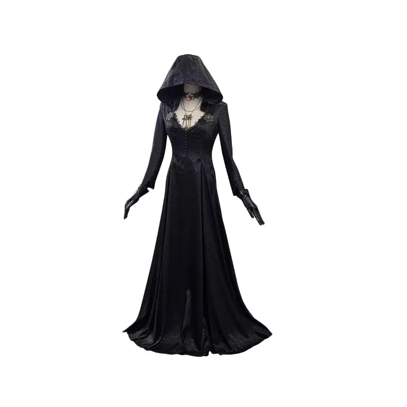 Daughter of Lady Dimitrescu Cosplay Costume – Gothic Black Hooded Vampire Dress