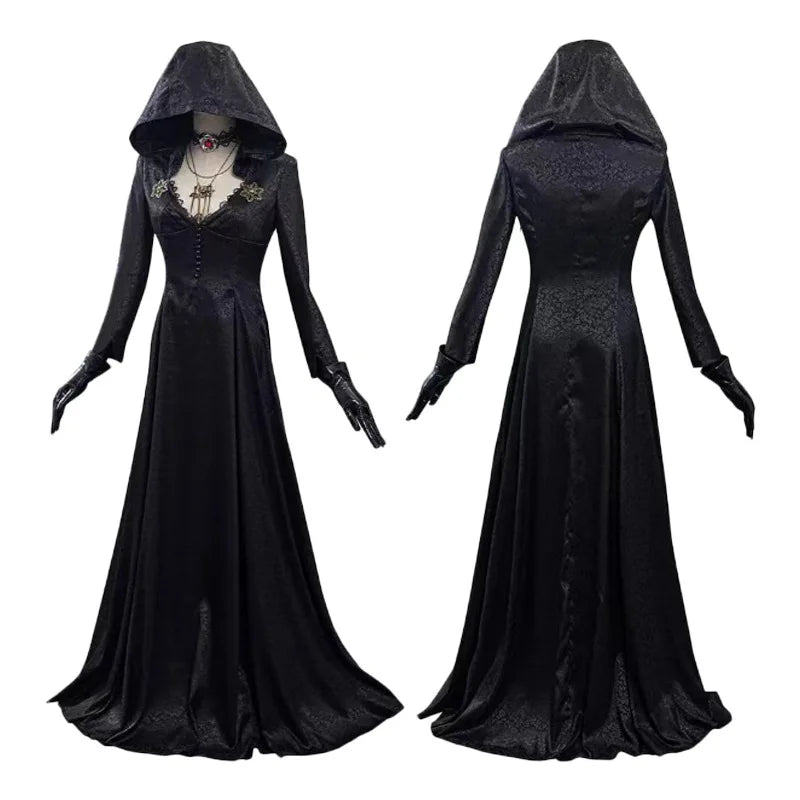 Daughter of Lady Dimitrescu Cosplay Costume – Gothic Black Hooded Vampire Dress
