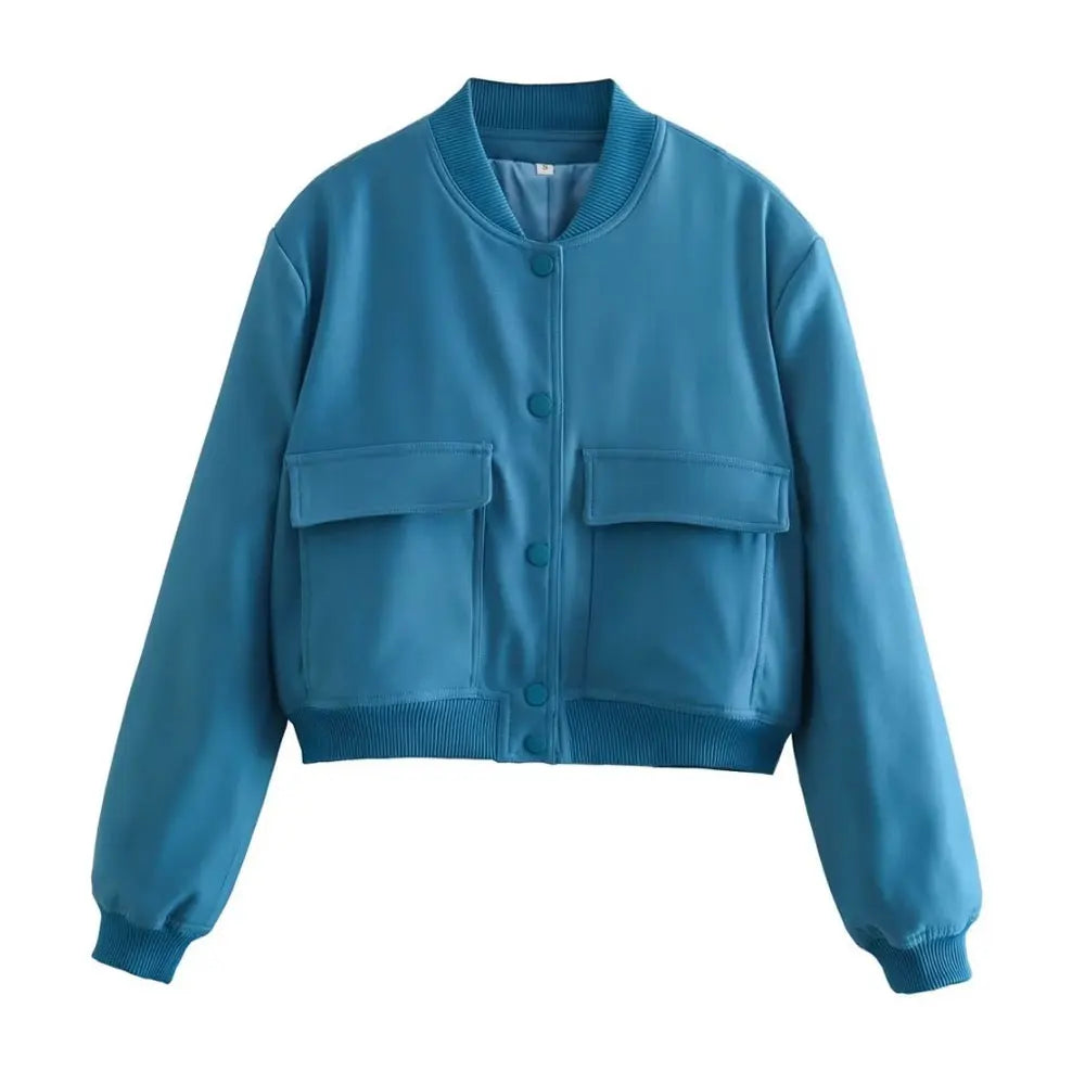 Women’s Bomber Jacket with Pockets – Vintage Long Sleeve Casual Outerwear