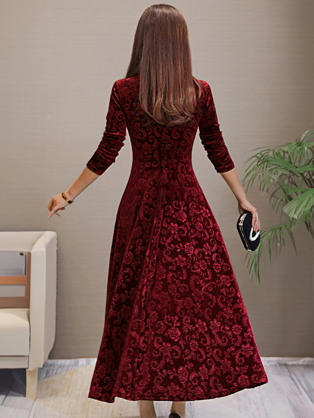 Women’s Slim Fit Long Dress – Gold Velvet Long Sleeve Evening Gown