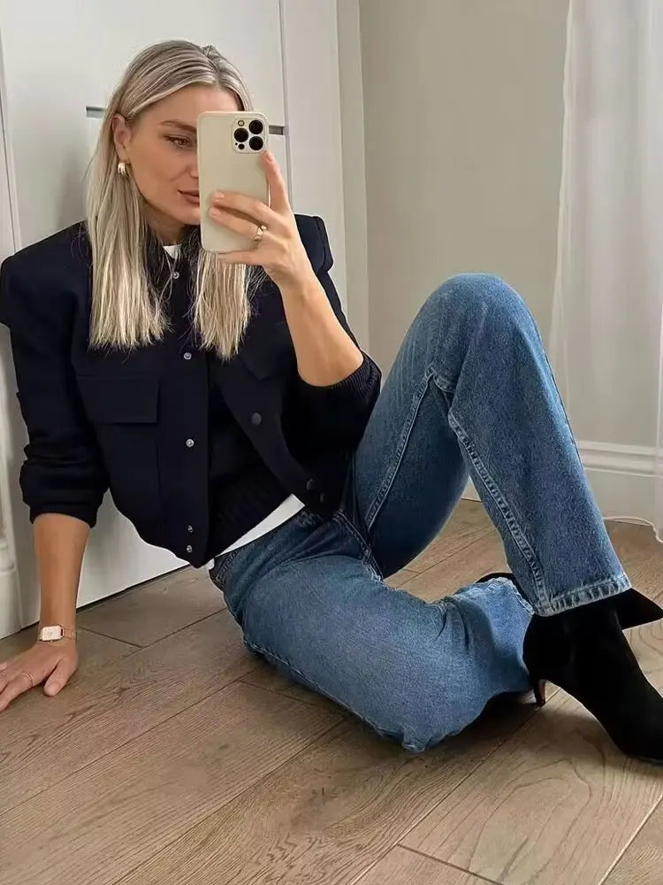 Women’s Bomber Jacket with Pockets – Vintage Long Sleeve Casual Outerwear