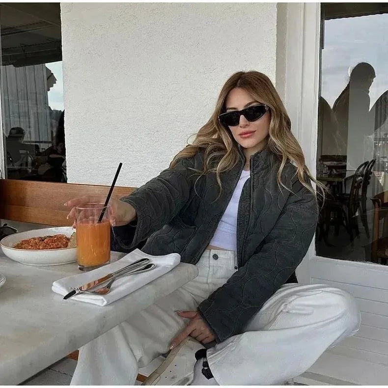 Women’s Quilted Cotton Jacket – Vintage Style with High Collar & Pockets