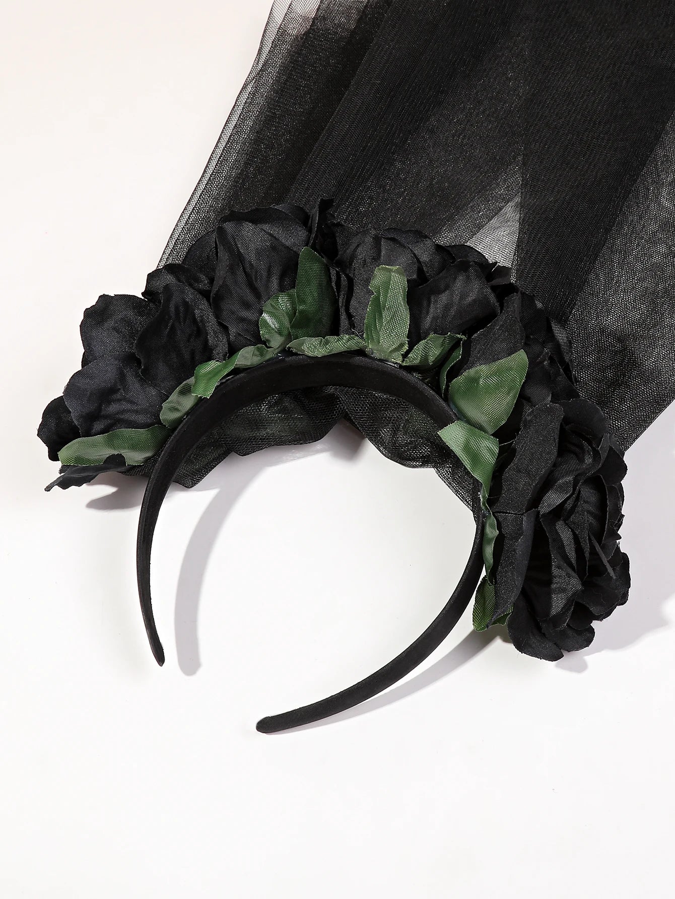 Black Day of the Dead Floral Headpiece – Rose Crown Veil Halloween Mexican Costume Headband