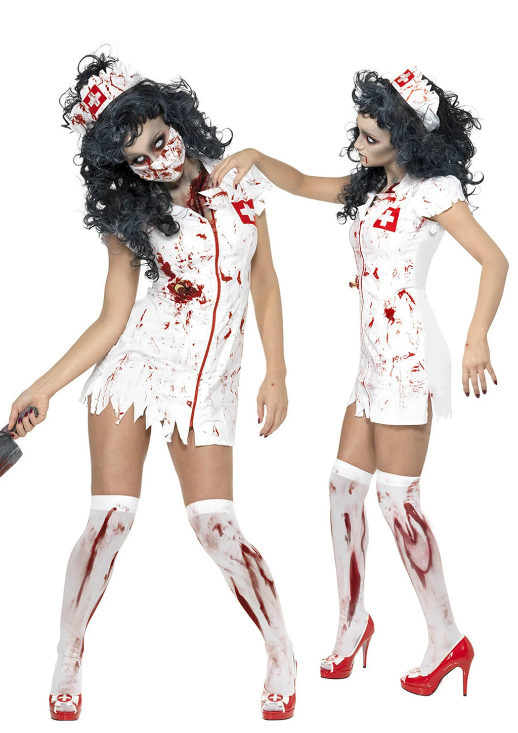 Women’s Zombie Nurse Halloween Costume – Sexy White Dress with Spooky Splatter Design