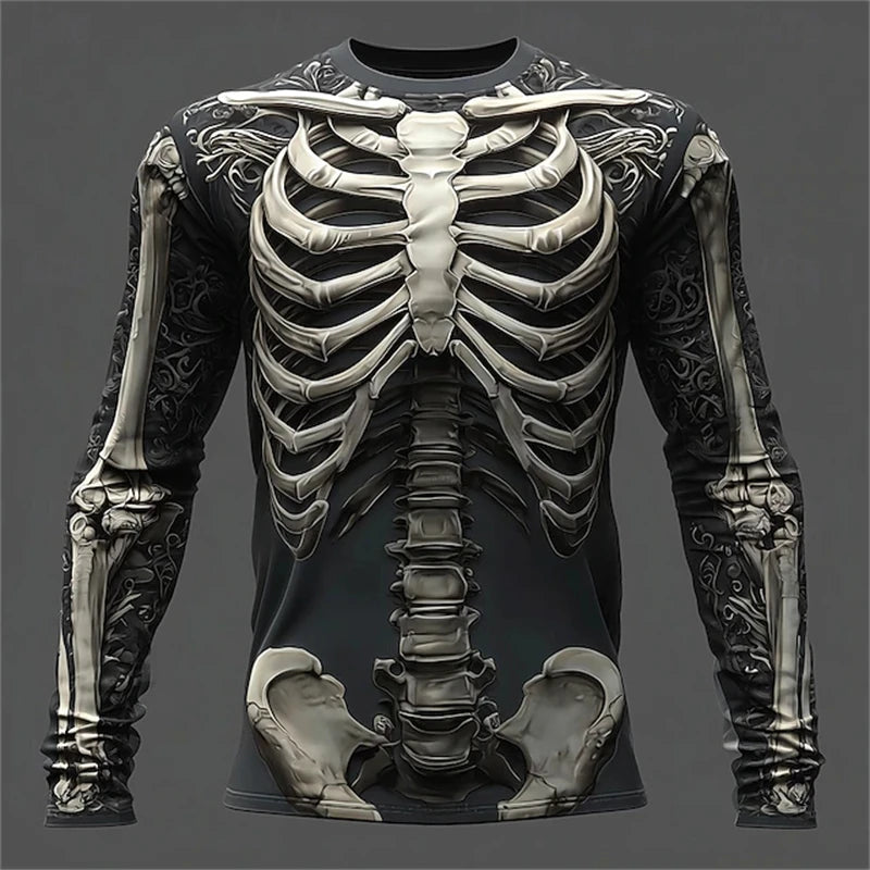 Men’s Skull Print Long Sleeve T-Shirt – 2025 Gothic Streetwear Halloween Party Top