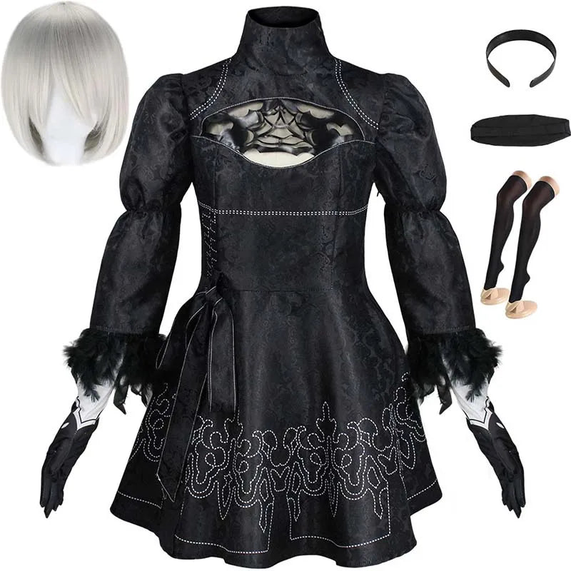 Big Size Yorha 2B Cosplay Costume – Full Set with Leotard Dress, Wig, Gloves & Eyemask