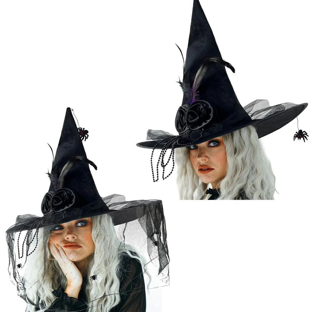 Black Spider Witch Hat with Veil & Feather – Halloween Pleated Wizard Hat Costume Accessory