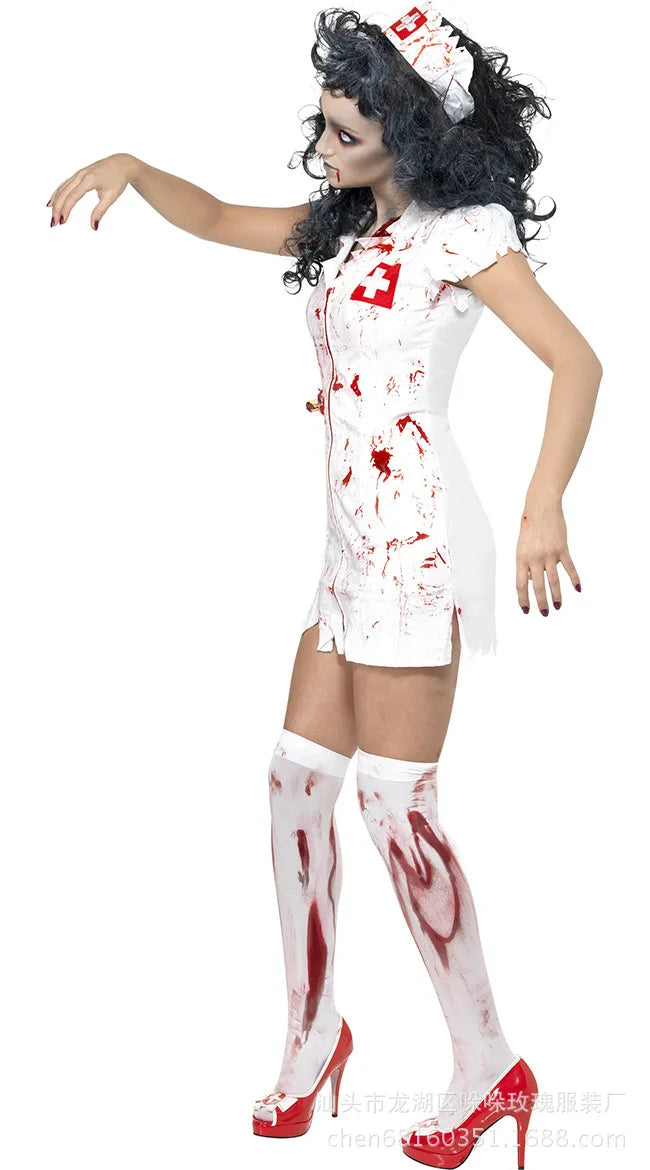 Women’s Zombie Nurse Halloween Costume – Sexy White Dress with Spooky Splatter Design