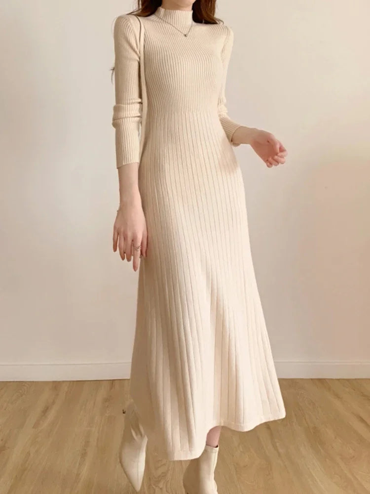 Women’s Slim Knitted Midi Dress – Long Sleeve Half High Collar Sweater Dress