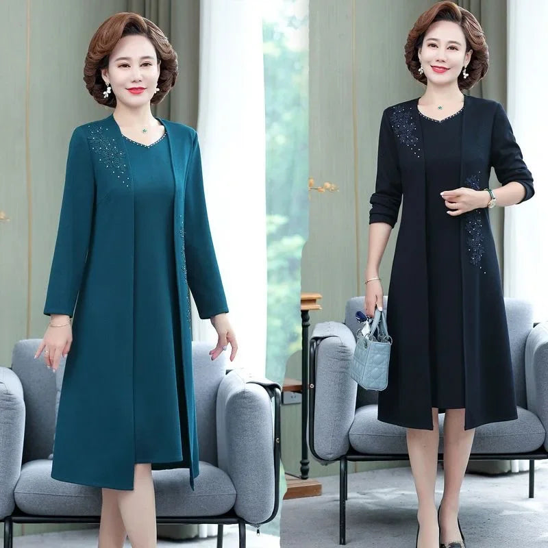 Women’s Comfortable Spring Autumn Dress Set – V-Neck Knee-Length Polyester Outfit
