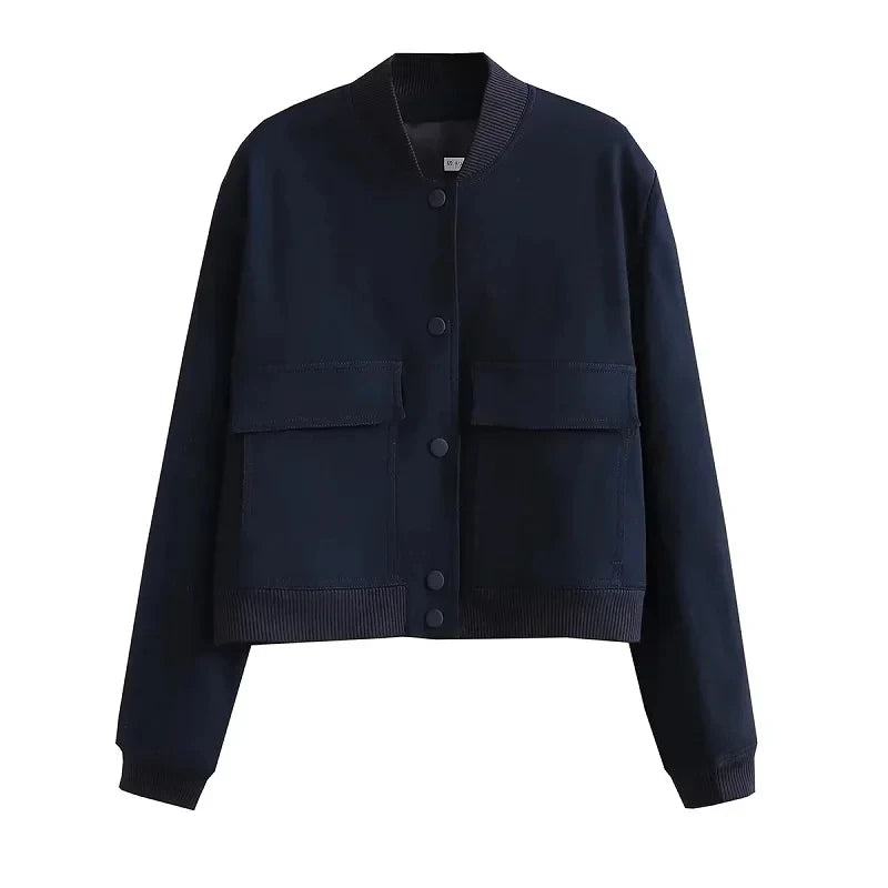 Women’s Cropped Bomber Jacket – Button-Up Baseball Style Coat