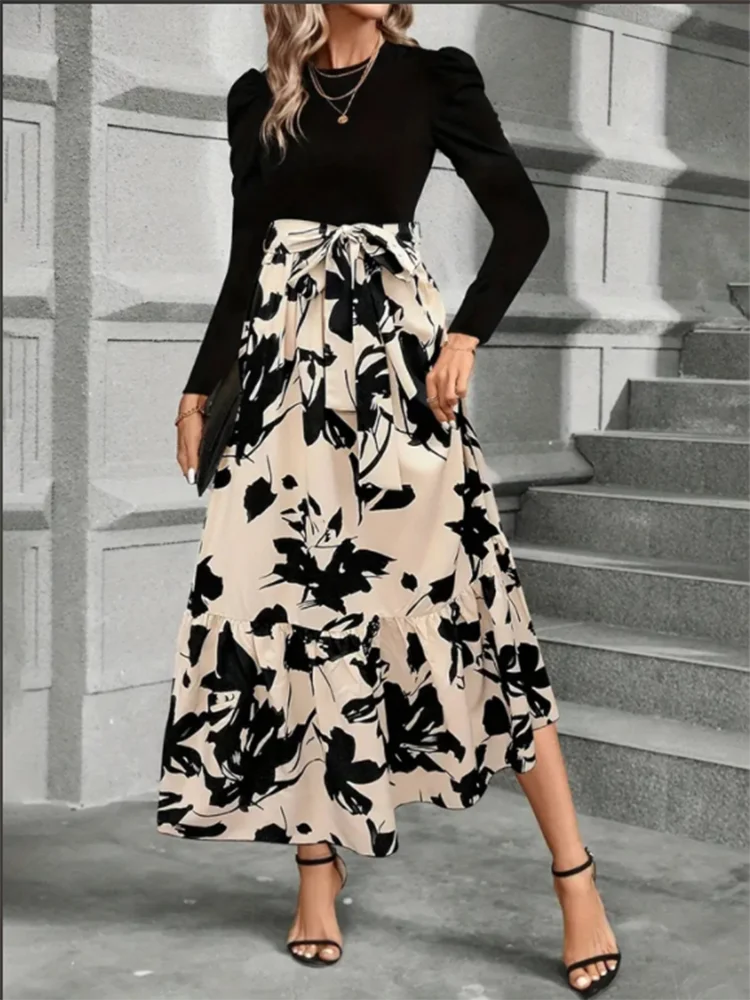 Women’s Round Neck Color Block Dress – Long Sleeve Floral A-Line Party Dress