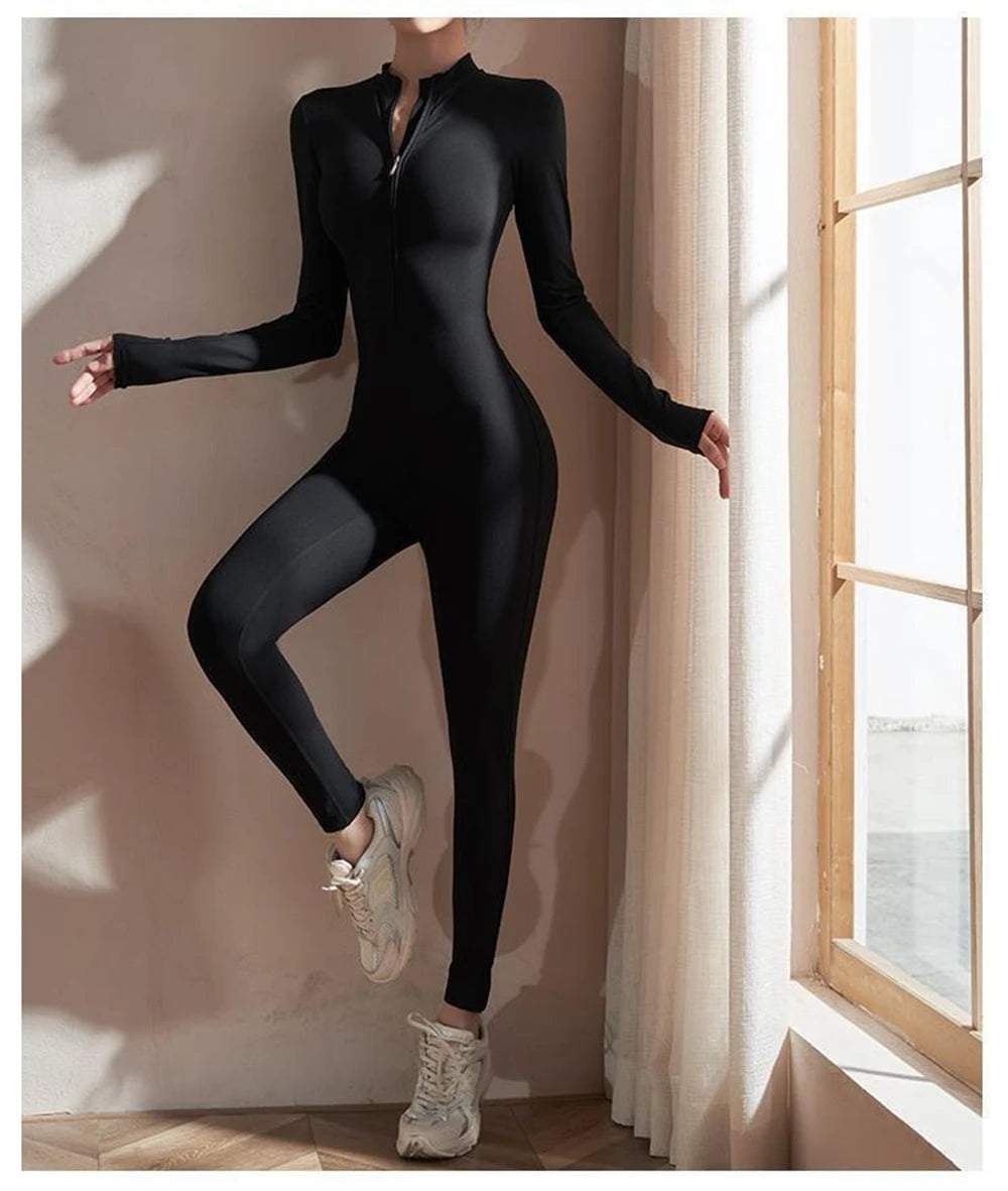 Women’s Slim Fit Long Sleeve Jumpsuit – Stretch One-Piece Romper with Zipper