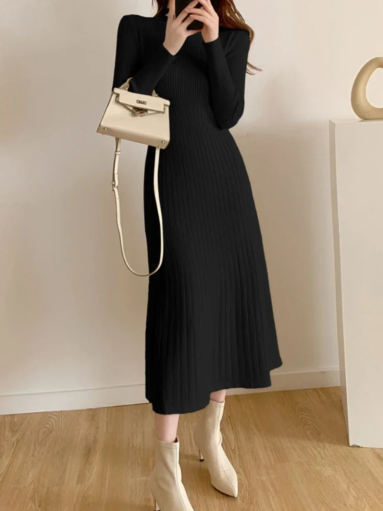 Women’s Slim Knitted Midi Dress – Long Sleeve Half High Collar Sweater Dress