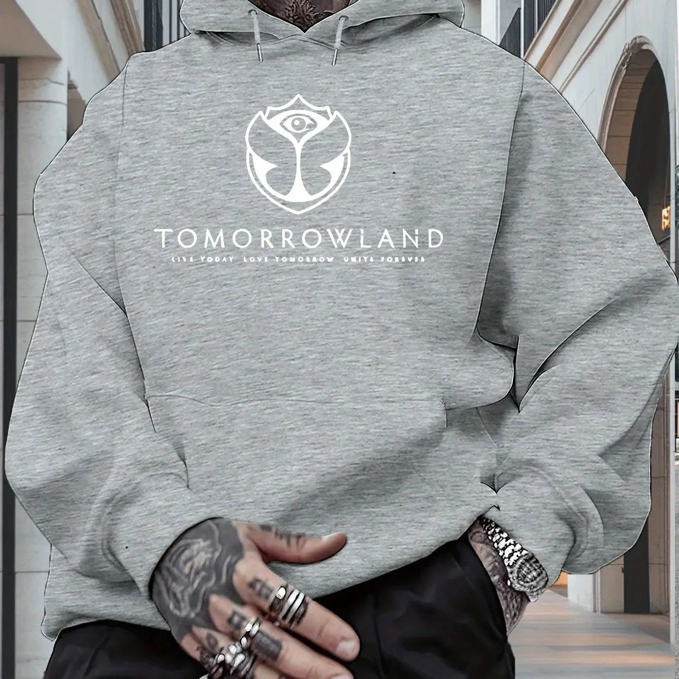 Men’s TOMORROWLAND Graphic Hoodie – Casual Pullover, Long Sleeve
