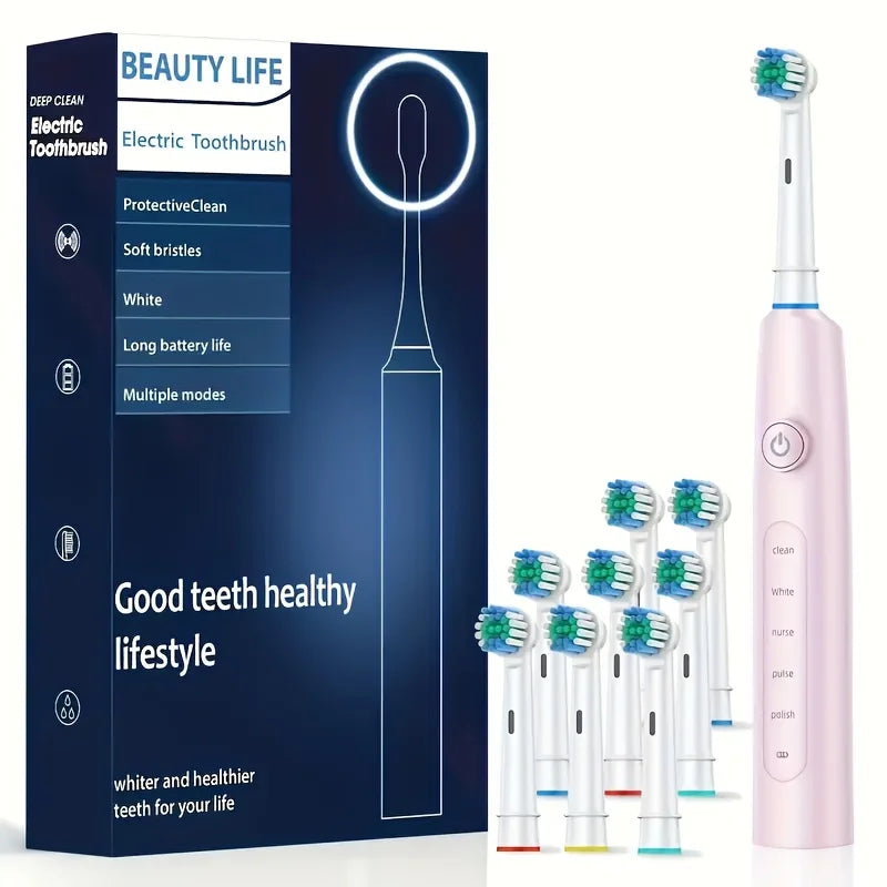 Electric Rotating Toothbrush Deep Clean Whitening Teeth for Adult Ultrasonic Toothbrush with 4/8pcs Refill Replacement Heads
