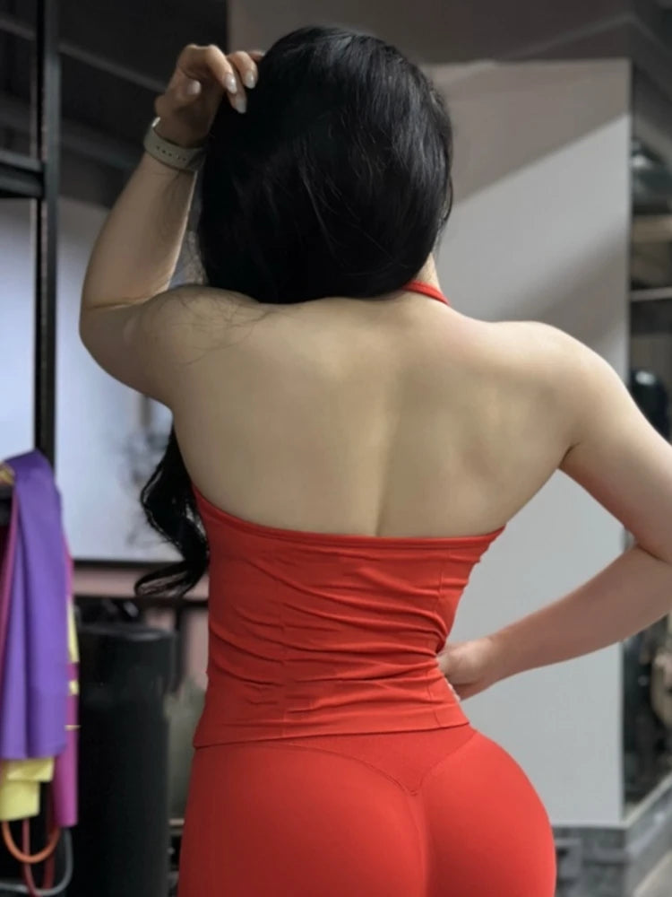 Seamless Longline Strappy Gym Top – Backless Yoga Tank with Built-in Bra