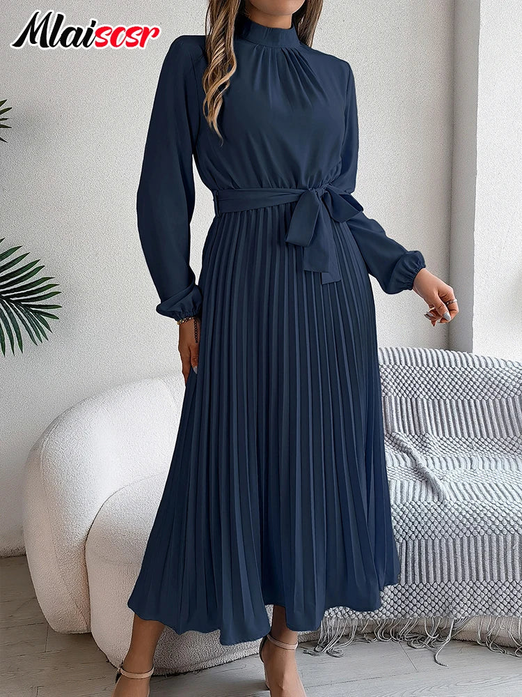 Women’s Elegant Blue Pleated A-Line Dress – Lace-Up Long Sleeve Evening Gown