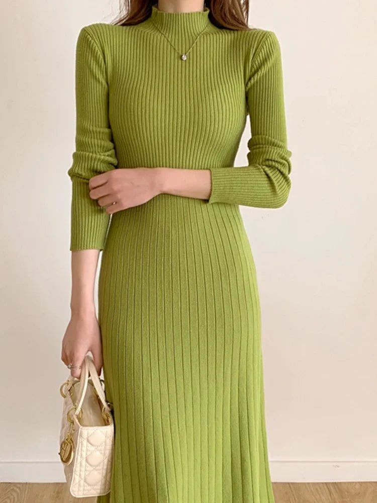 Women’s Slim Knitted Midi Dress – Long Sleeve Half High Collar Sweater Dress