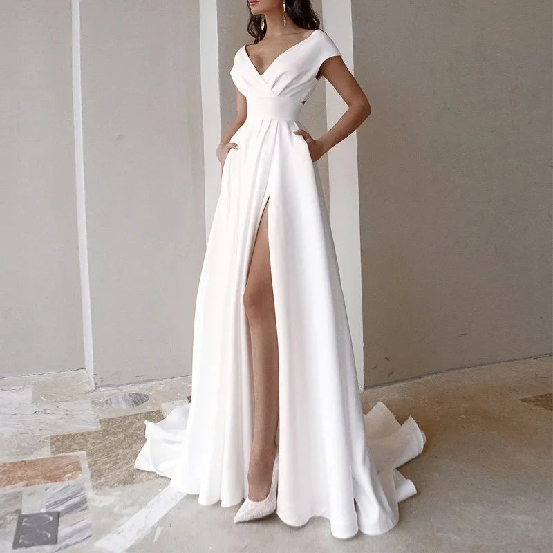 Women’s Elegant White Long Dress – Lace Hem Wrap Chest Evening Gown