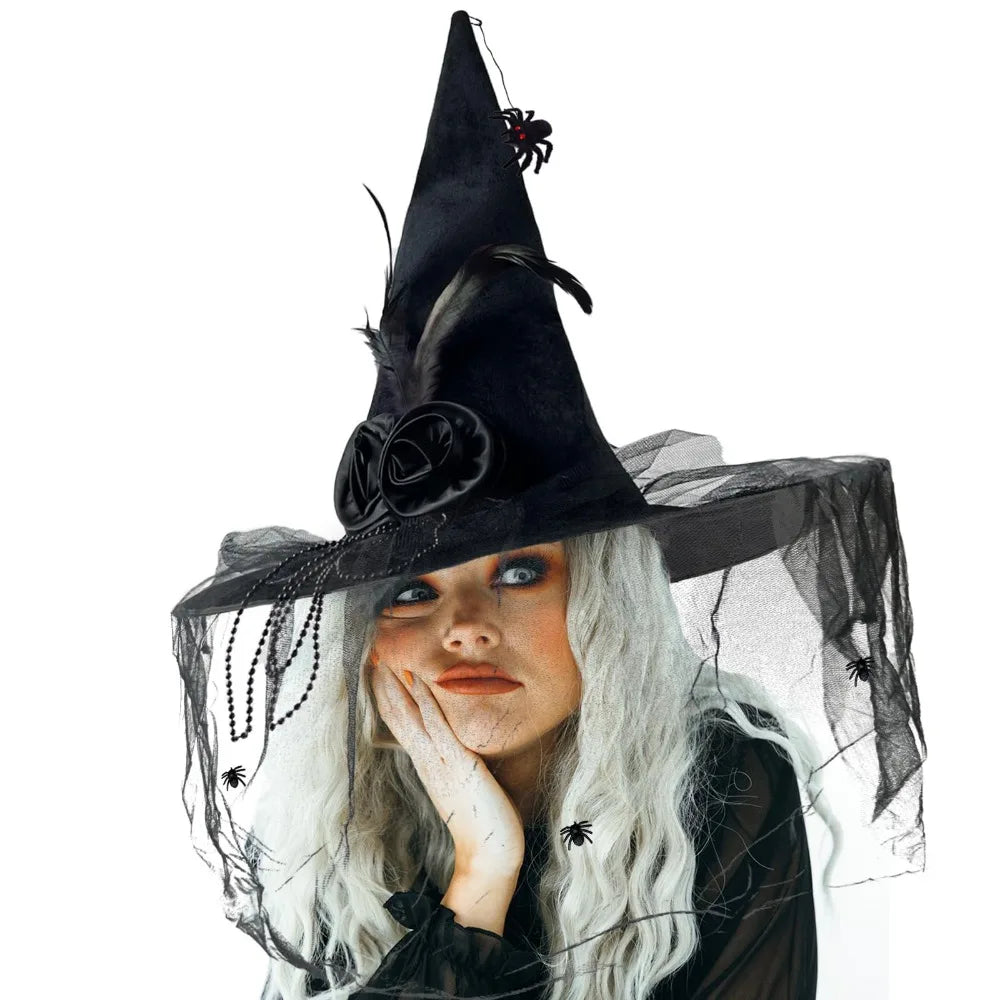 Black Spider Witch Hat with Veil & Feather – Halloween Pleated Wizard Hat Costume Accessory