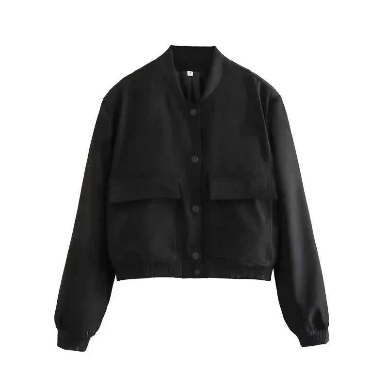 Women’s Cropped Bomber Jacket – Button-Up Baseball Style Coat