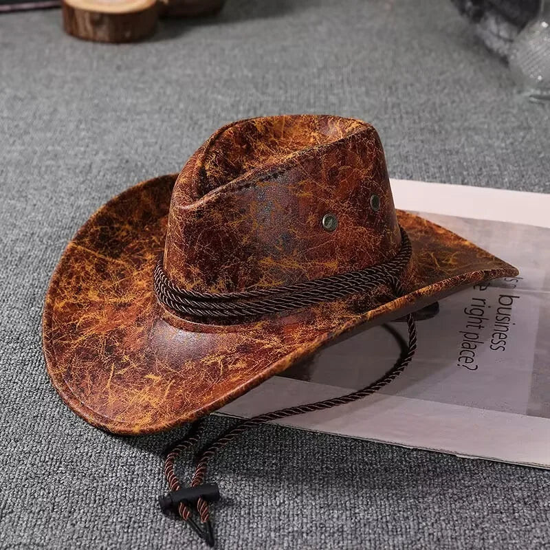 Faux Leather Western Cowboy Hat – Vintage Unisex Panama Cowgirl Jazz Cap for Men & Women