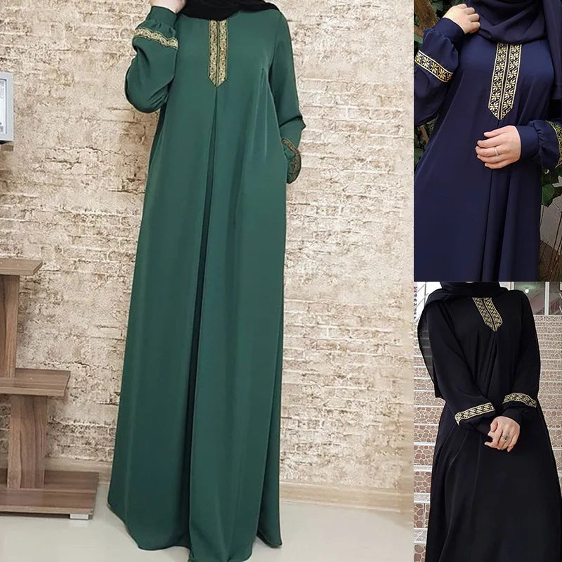Plus Size Muslim Ethnic Print Abaya – Dubai Long Sleeve Loose Ramadan Dress