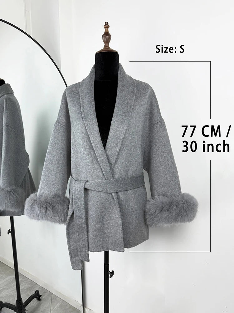 Women’s Elegant Short Wool Coat with Fox Fur – Removable Double-Sided Overcoat