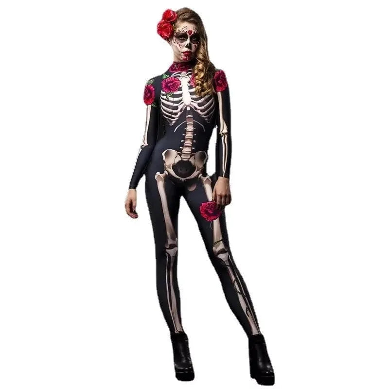 Rose Skeleton Halloween Costume – Adult & Kids Cosplay Jumpsuit for Party or Carnival