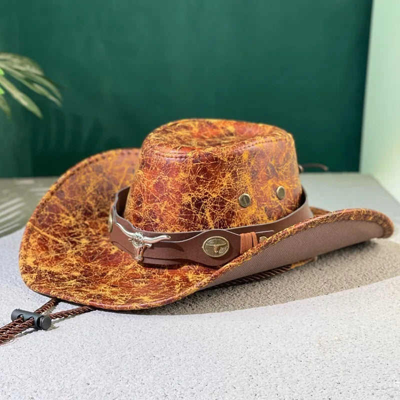Faux Leather Western Cowboy Hat – Vintage Unisex Panama Cowgirl Jazz Cap for Men & Women