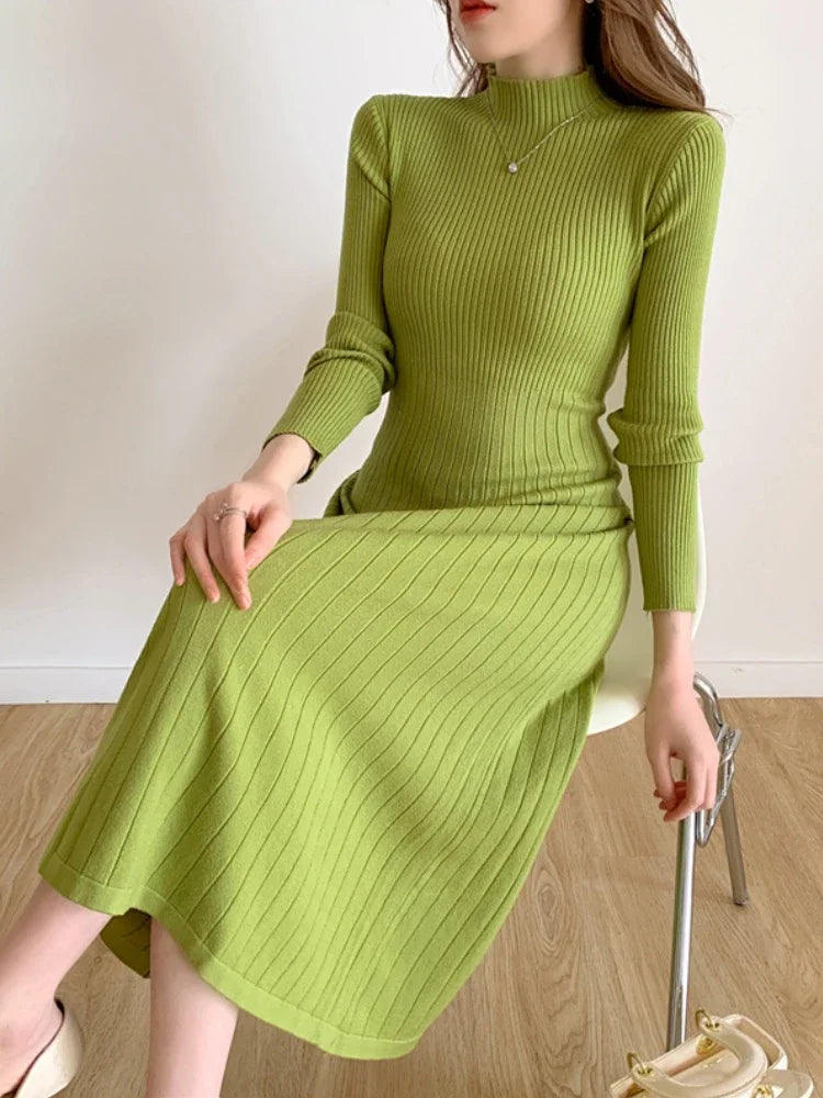 Women’s Slim Knitted Midi Dress – Long Sleeve Half High Collar Sweater Dress