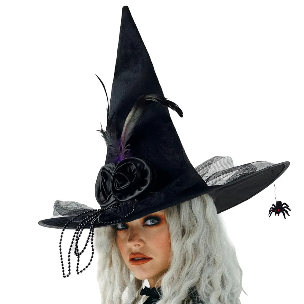 Black Spider Witch Hat with Veil & Feather – Halloween Pleated Wizard Hat Costume Accessory