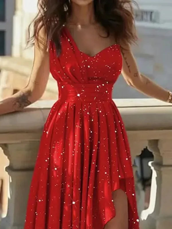 Women’s Elegant Asymmetrical Shoulder Dress – High Waist Sleeveless Long Gown