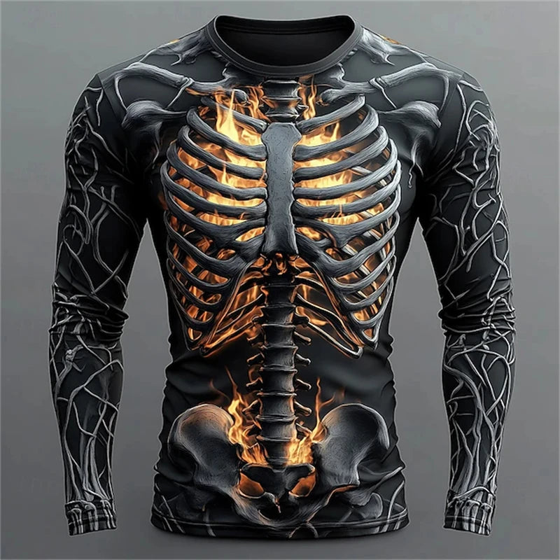 Men’s Skull Print Long Sleeve T-Shirt – 2025 Gothic Streetwear Halloween Party Top