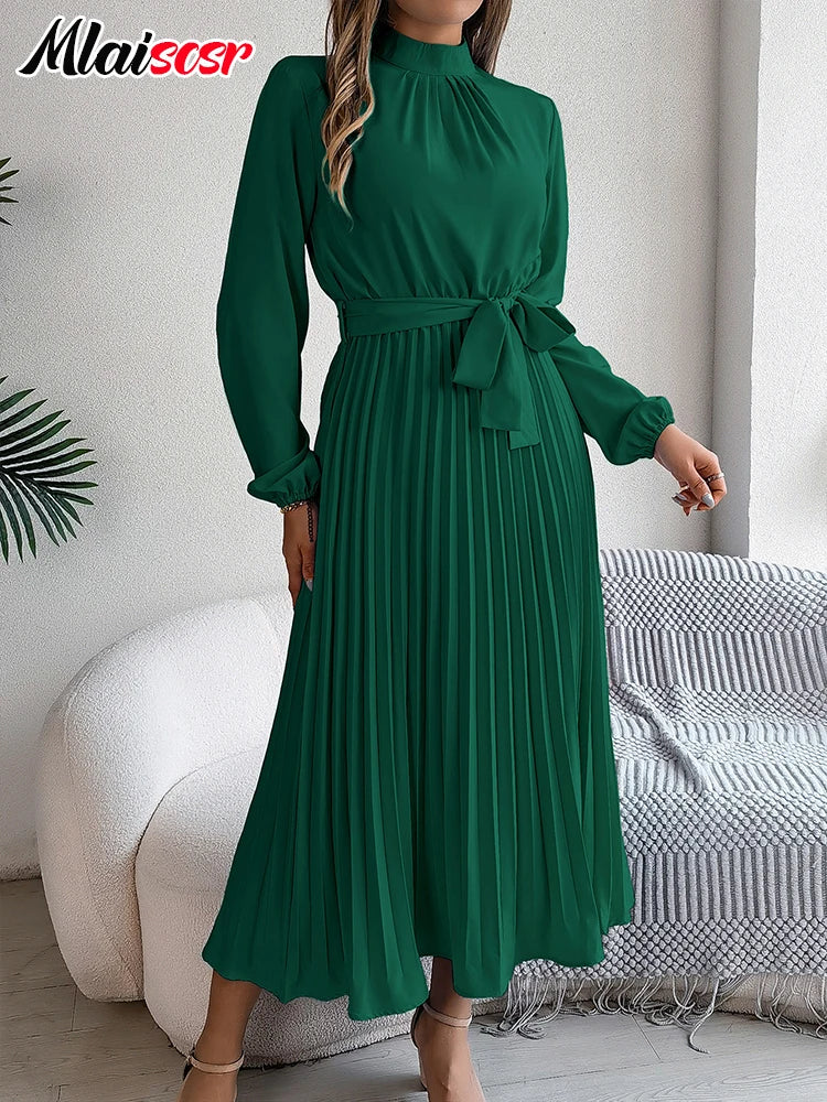 Women’s Elegant Blue Pleated A-Line Dress – Lace-Up Long Sleeve Evening Gown
