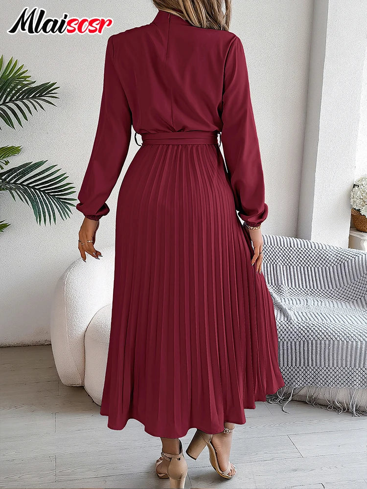 Women’s Elegant Blue Pleated A-Line Dress – Lace-Up Long Sleeve Evening Gown