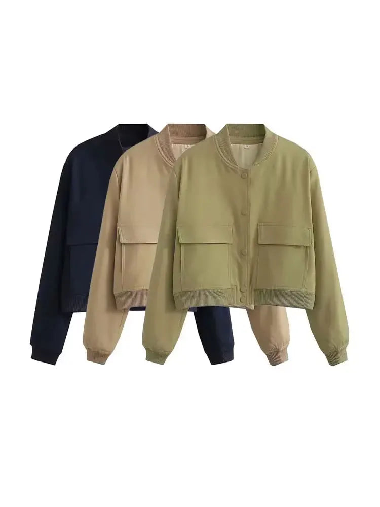 Women’s Bomber Jacket with Pockets – Vintage Long Sleeve Casual Outerwear