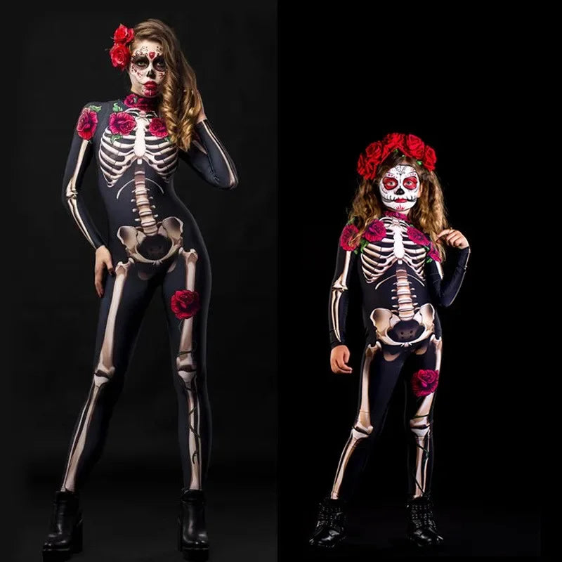 Rose Skeleton Halloween Costume – Adult & Kids Cosplay Jumpsuit for Party or Carnival