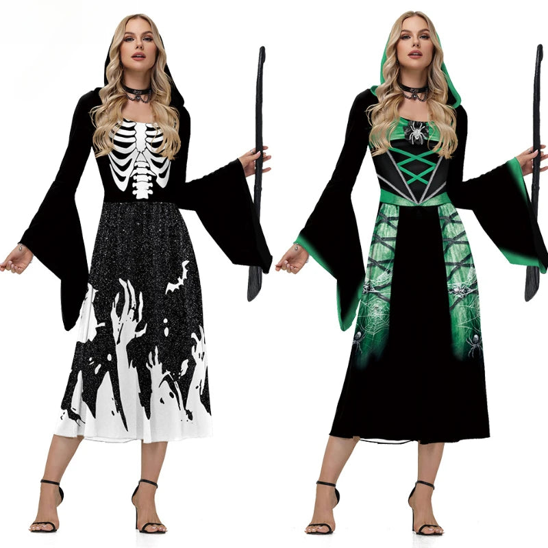 Women’s Skeleton Halloween Cosplay Costume – Hooded Medieval Robe Dress