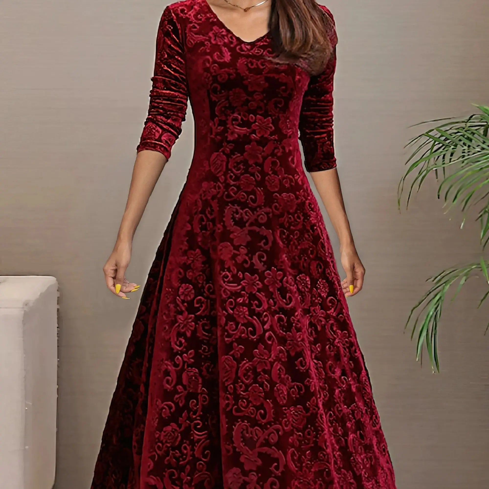 Women’s Slim Fit Long Dress – Gold Velvet Long Sleeve Evening Gown