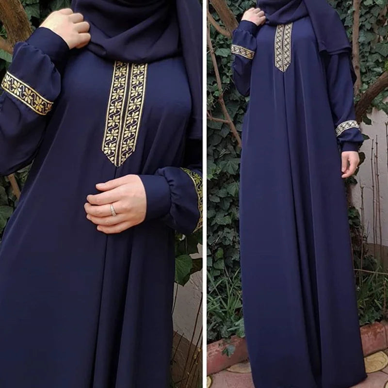 Plus Size Muslim Ethnic Print Abaya – Dubai Long Sleeve Loose Ramadan Dress