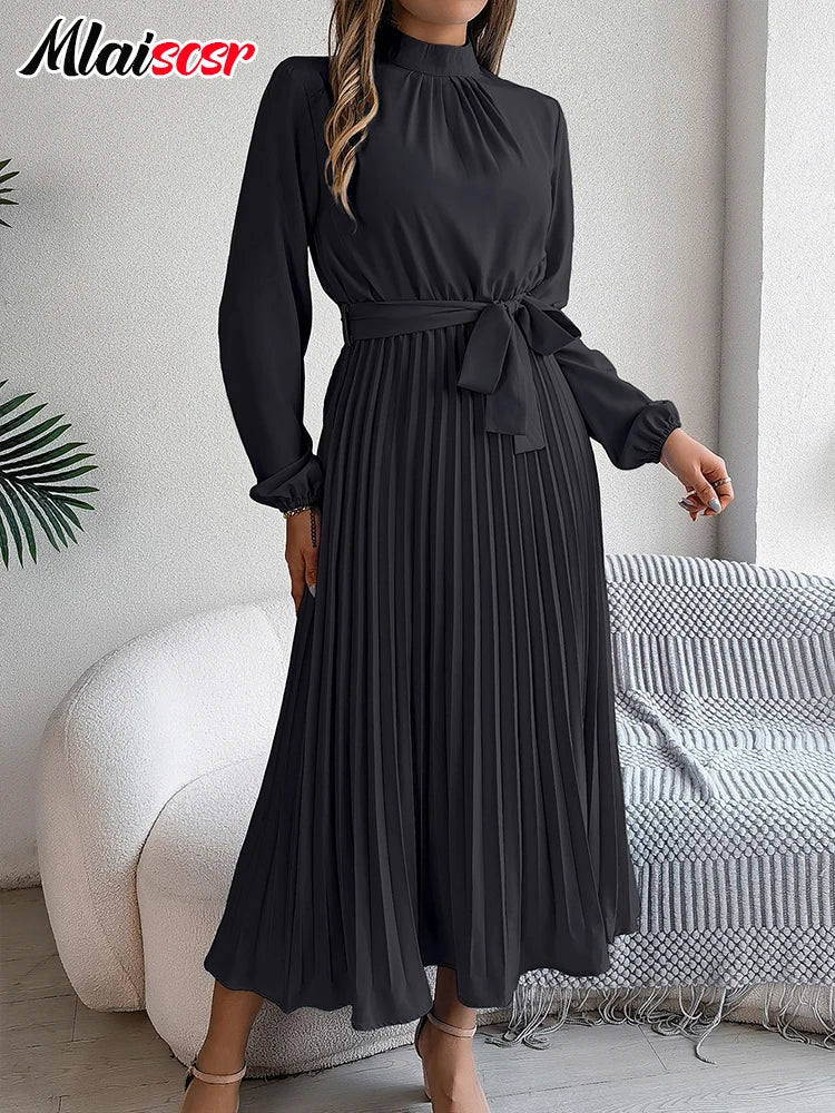 Women’s Elegant Blue Pleated A-Line Dress – Lace-Up Long Sleeve Evening Gown