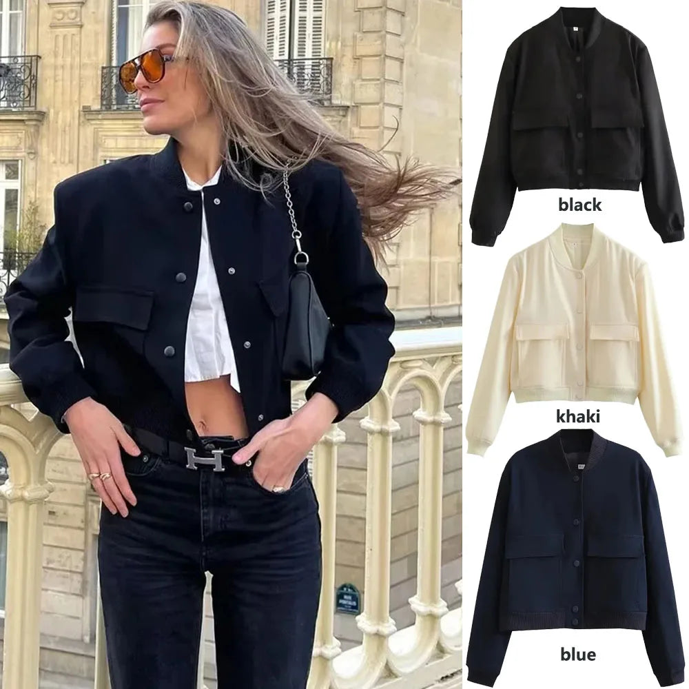 Women’s Cropped Bomber Jacket – Button-Up Baseball Style Coat