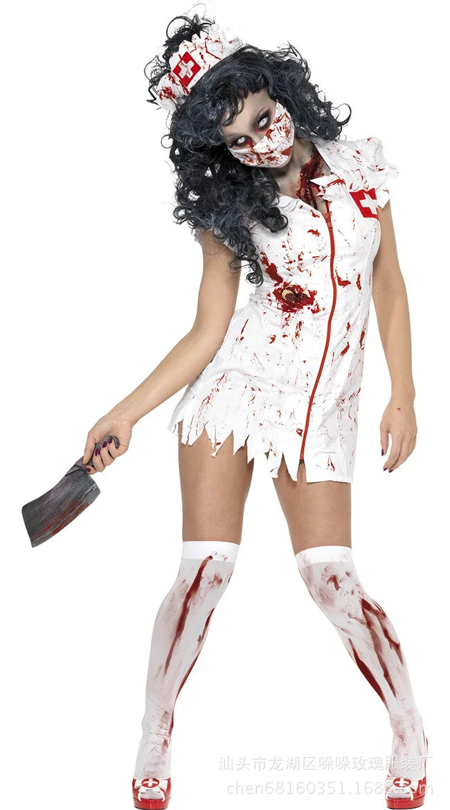 Women’s Zombie Nurse Halloween Costume – Sexy White Dress with Spooky Splatter Design