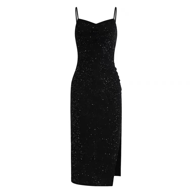 Women’s Sexy French Hepburn Style Sequin Strap Dress – Elegant Black Midi
