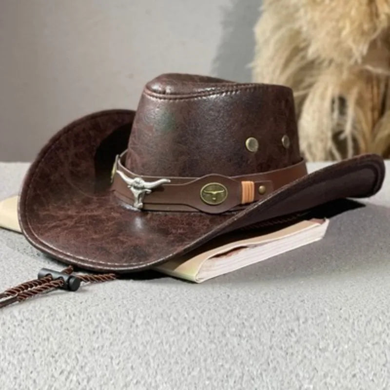 Faux Leather Western Cowboy Hat – Vintage Unisex Panama Cowgirl Jazz Cap for Men & Women